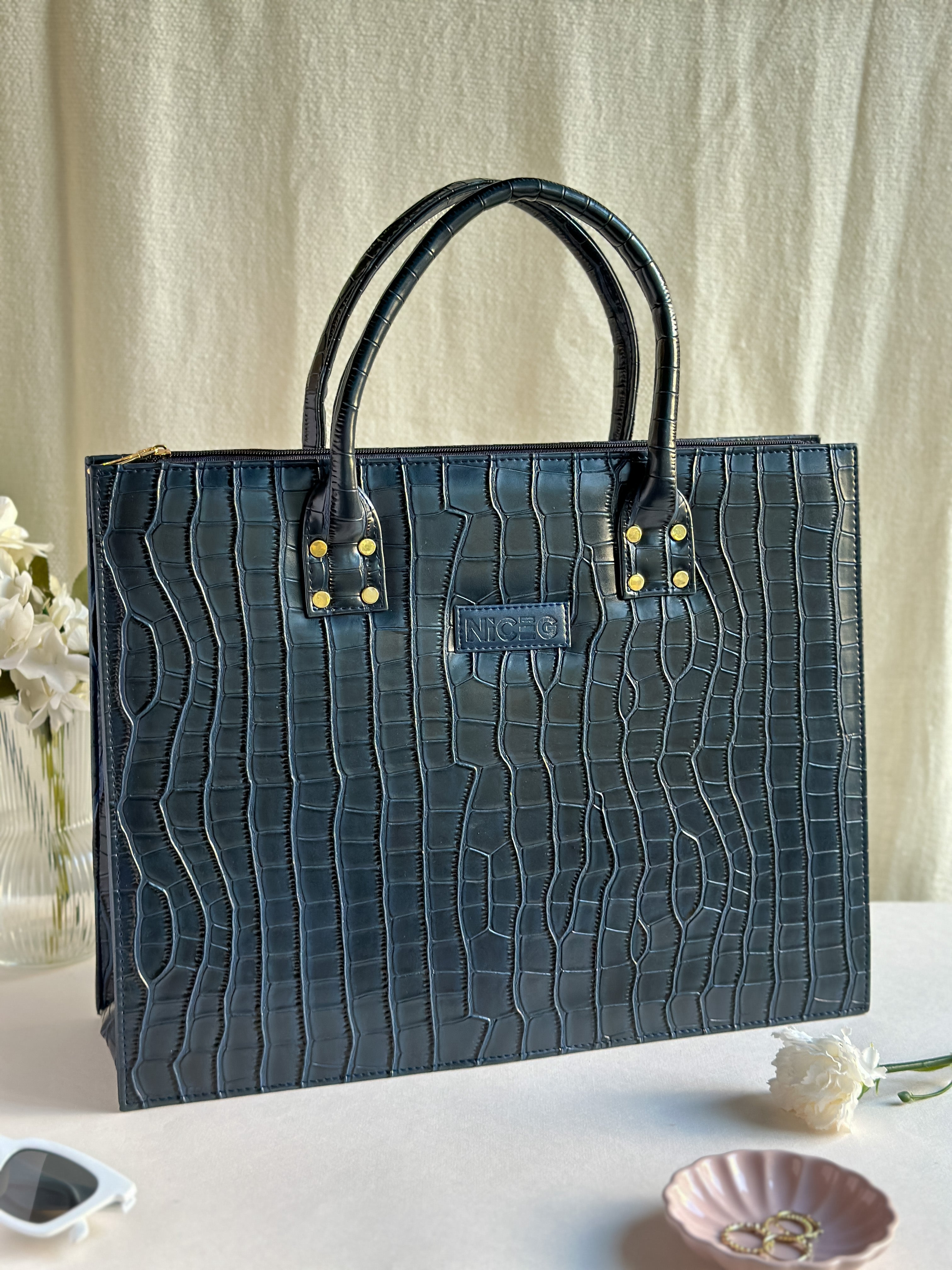 Croc Luxe Tote – Structured Work Bag – Navy